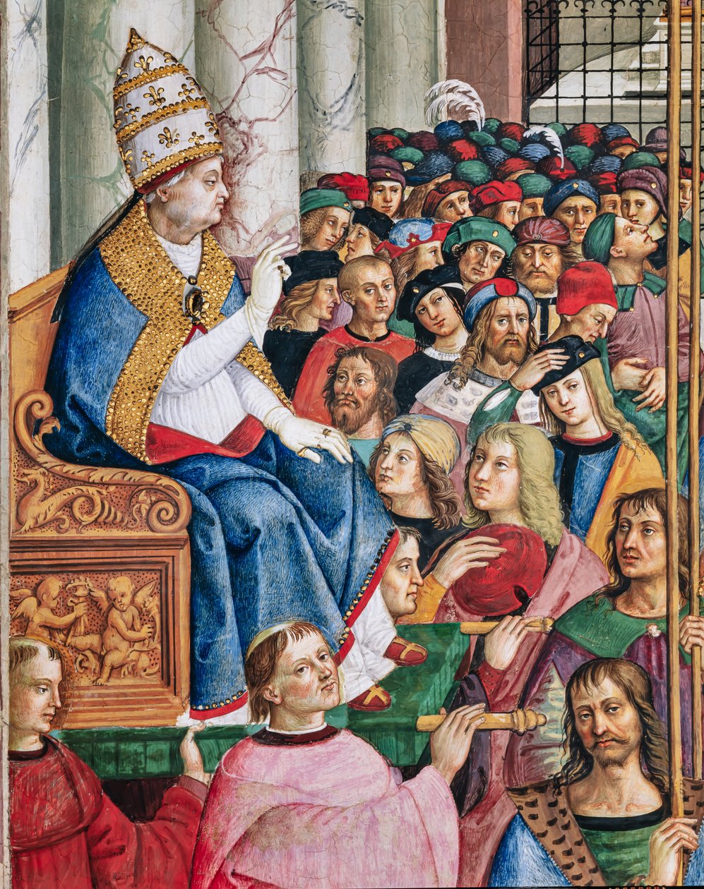 Piccolomini-kirjasto, lounasseinä: "Aeneas Sylvius, paaviksi valittu Pius II, saapuu Pyhän Pietarin kirkkoon 3. syyskuuta tekijältä Bernardino di Betto Pinturicchio