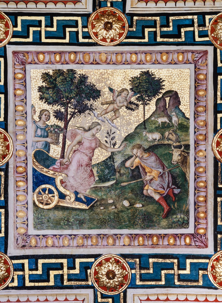 Piccolomini-kirjasto, katto: "Proserpinan raiskaus", Bernardino di Betton fresko, joka tunnetaan nimellä Pinturicchio. Paneelissa Pluto ryntää pois vaunuissaan, Proserpine ryöstelee hänen sylissään ja yksi jumalattaren seuralaisista uhkaa Plutoa tekijältä Bernardino di Betto Pinturicchio