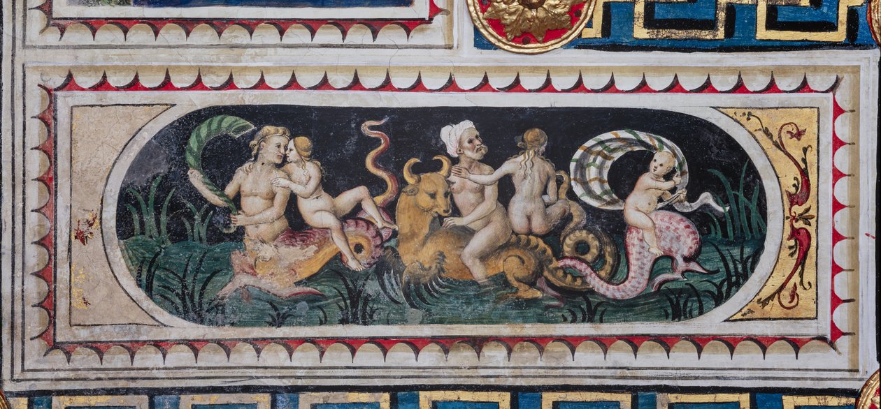 Piccolomini-kirjasto, katto: pienempi paneeli meritiasuskohtauksella (tritonit, putto ja nereid), Bernardino di Betton, Pinturicchio, fresko. tekijältä Bernardino di Betto Pinturicchio