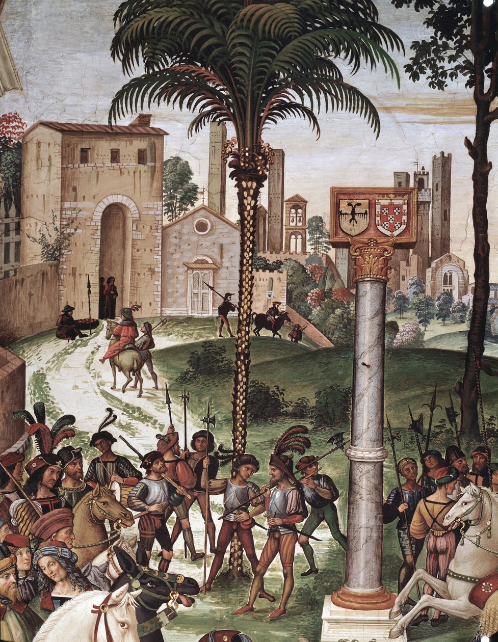 Piispa Enee Silvio Piccolomini (Pius II) lahjoittaa Aragonian Eleonoran Pyhän Imperiumin keisari Fredrik III:lle. Yksityiskohta - Tuore tekijältä Bernardino di Betto Pinturicchio