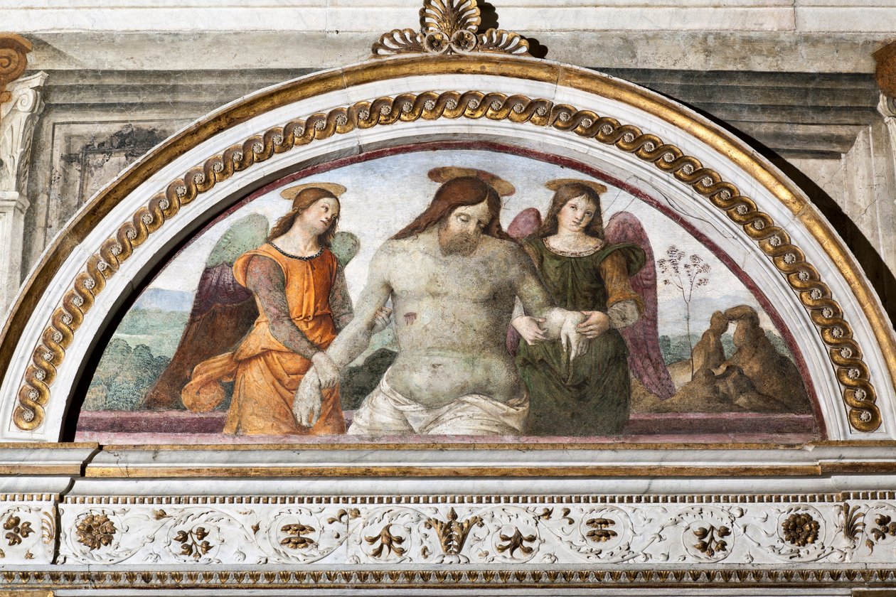 Kuollut Kristus kahden enkelin tukemana - Fresko Pinturicchio (Bernardino di Betto) (1454-1513) 1484-1492 Rooma, Basilica di Santa Maria del Popolo (Santa Maria del Popolon kirkko), Chapel Basso della Rovere Italia tekijältä Bernardino di Betto Pinturicchio