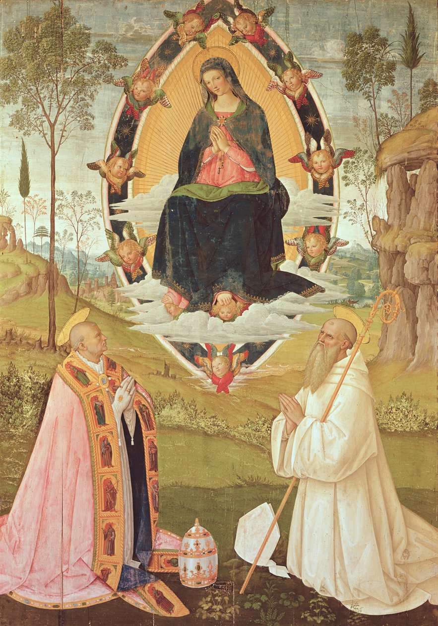 Neitsyt kunniassa St. Gregoryn ja Pyhän Benedictuksen kanssa (tempera paneelissa) tekijältä Bernardino di Betto Pinturicchio