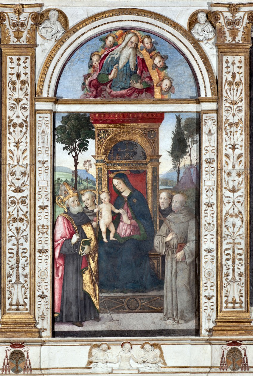 Neitsyt lapsen kanssa ja pyhä Augustinus, pyhä Franciscus ja pyhä Antonius Padovalainen - Fresko Pinturicchio (Bernardino di Betto) (1454-1513) 1484-1492 Rooma, Basilica di Santa Maria del Popolo (Santa Maria del Popolon kirkko), kappeli Basso della Rovere tekijältä Bernardino di Betto Pinturicchio