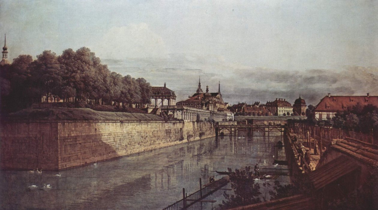 Ansicht von Dresden, Der alte Wassergraben des Zwingers, von der Orangerie Richtung Stadt aus gesehen tekijältä Bernardo Bellotto