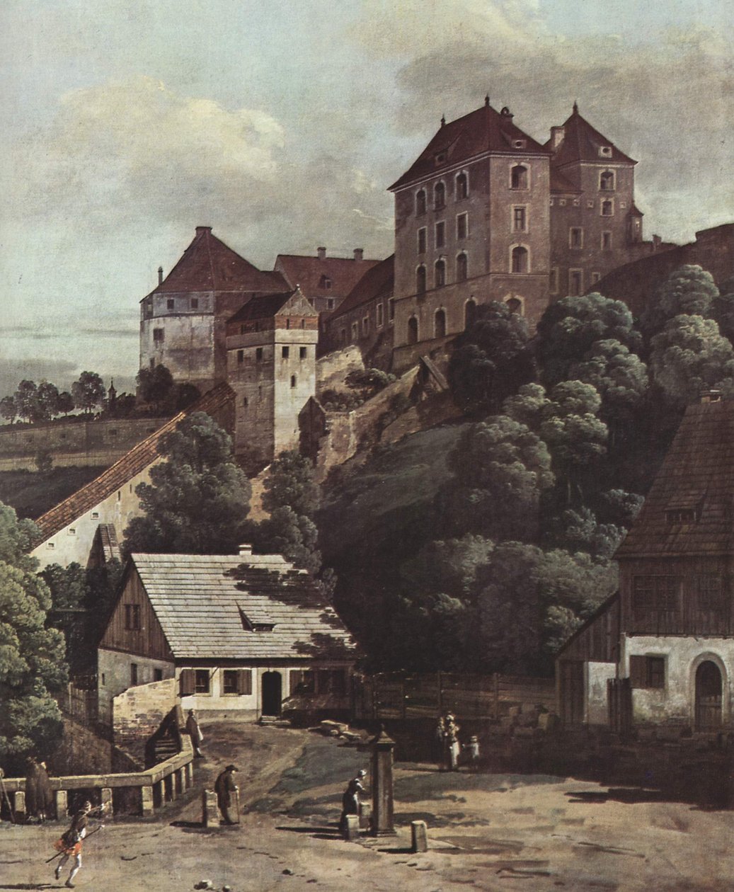 Ansicht von Pirna, Pirna von der Südseite aus gesehen, mit Befestigungsanlagen und Obertor (Stadttor) sowie Festung Sonnenstein tekijältä Bernardo Bellotto