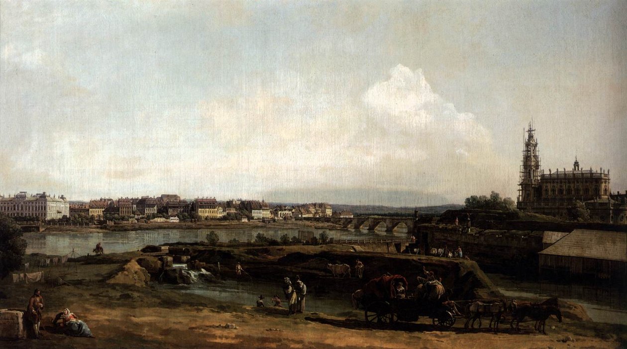 Dresden Elben vasemmalta rannalta, linnoitusten alapuolelta tekijältä Bernardo Bellotto