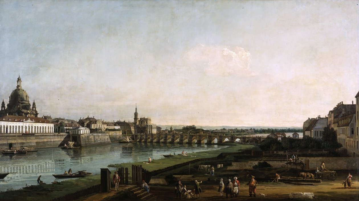 Dresden Elben oikealta rannalta, Augustusbrücken yläpuolelta tekijältä Bernardo Bellotto
