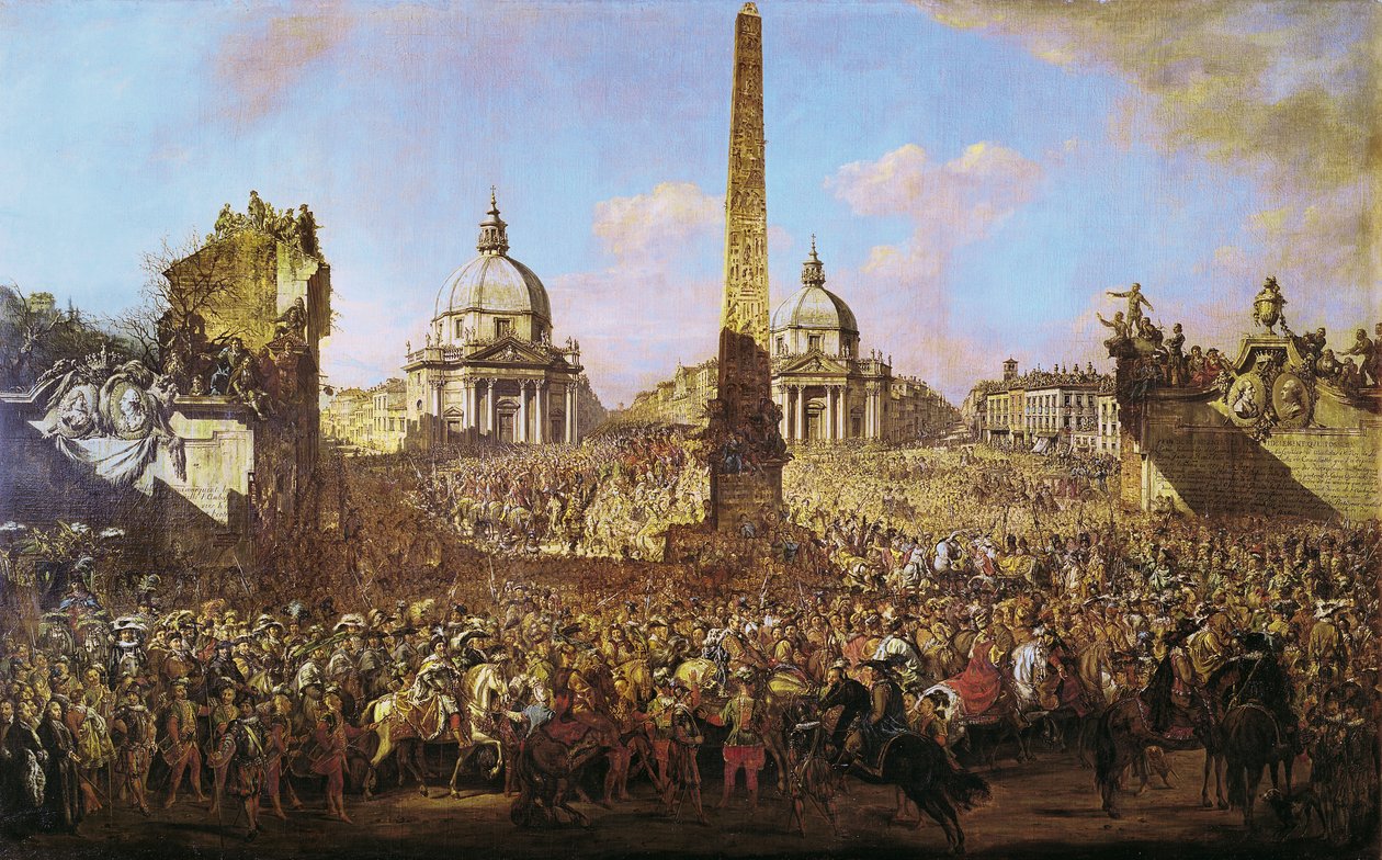 Puolan Wladyslaw IV:n (1595-1648) Jerzy Ossolinskin (1595-1650) saapuminen Roomaan paavi Urbanus VIII:n (1568-1644) kanssa 1779 tekijältä Bernardo Bellotto