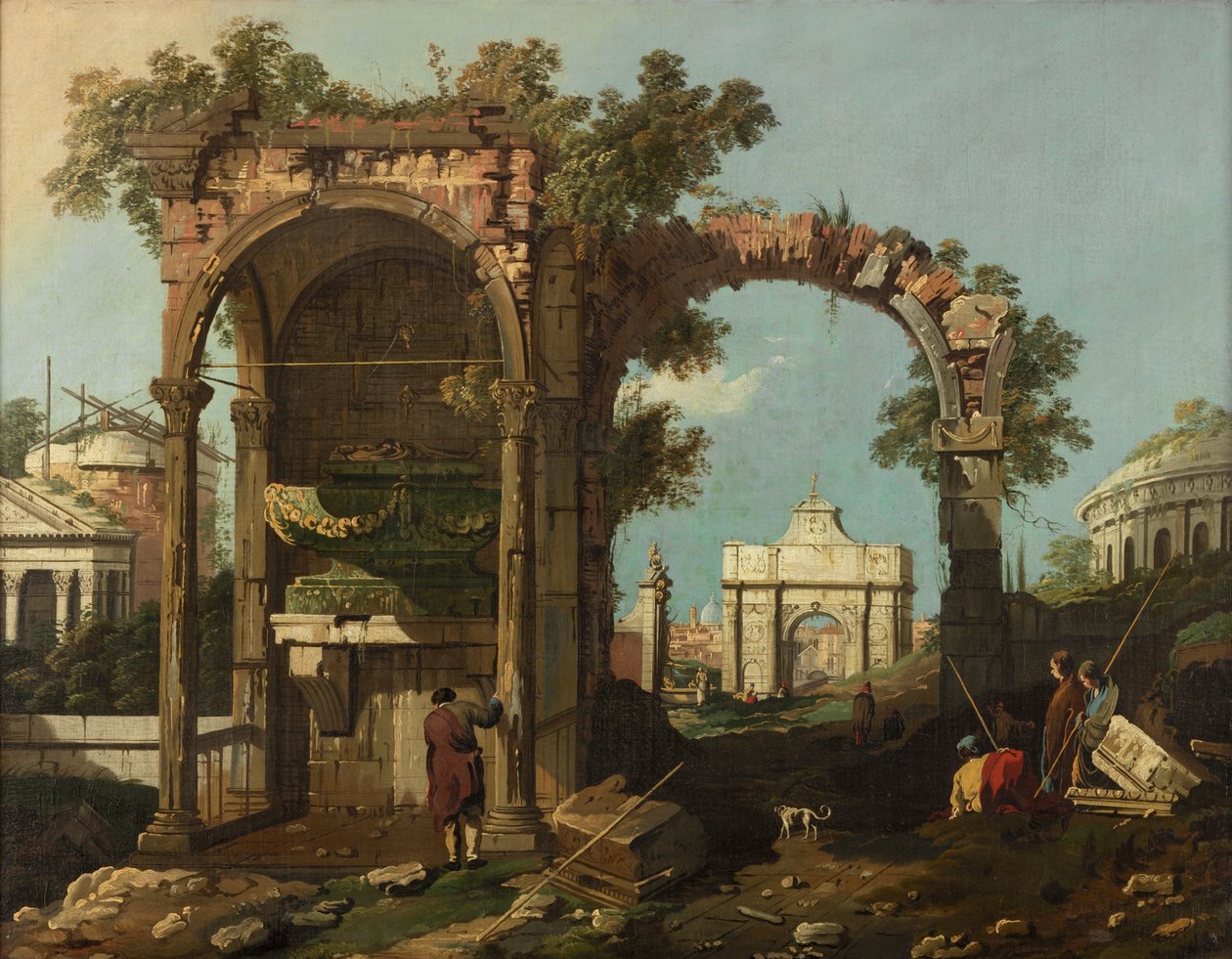 Rauniot ja hahmot, Rooman esikaupunki lähellä Cecilia Metellan hautaa, n. 1750-1775 tekijältä Bernardo Bellotto