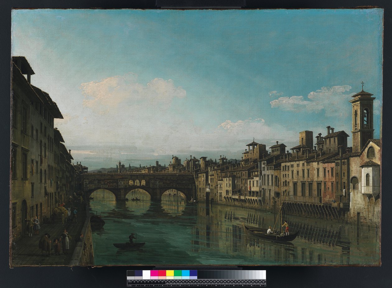 Firenzen Arno ja Ponte Vecchio, n. 1745 tekijältä Bernardo Bellotto
