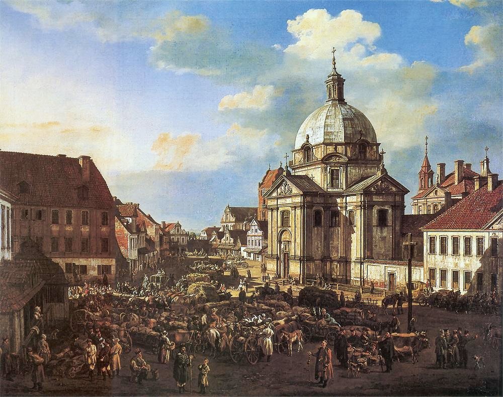 Uuden kaupungin tori ja Pyhän Kazimierzin kirkko. tekijältä Bernardo Bellotto
