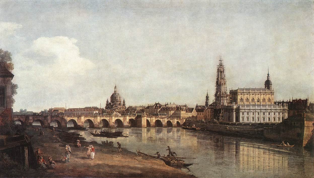 Näkymä Dresdeniin Elben oikealta rannalta Augustus -sillalla tekijältä Bernardo Bellotto