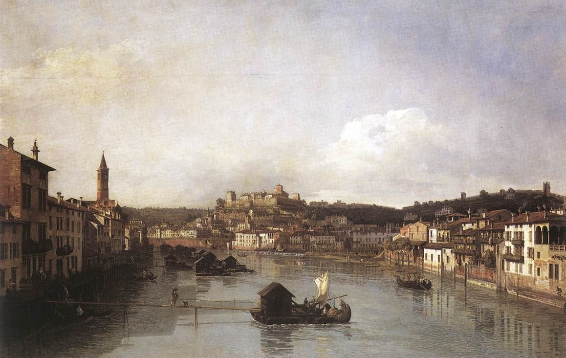 Näkymä Veronaan ja Adige -joelle Ponte Nuovolta tekijältä Bernardo Bellotto