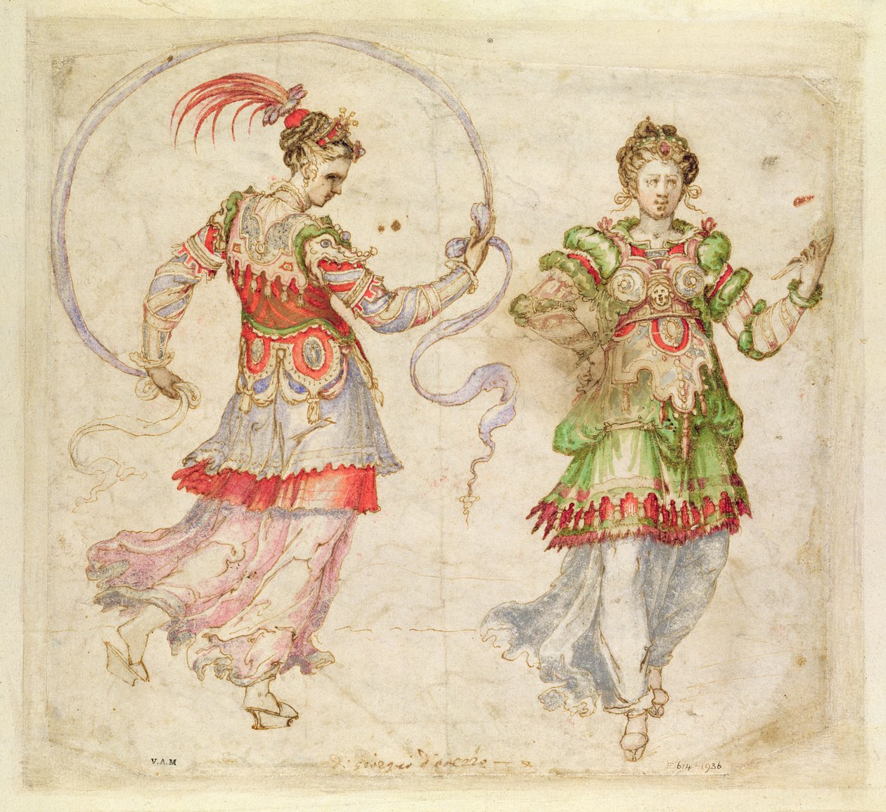 Pukusuunnitelma, luultavasti Firenzen Intermezzi-teoksessa, Firenze, 1589. tekijältä Bernardo Buontalenti
