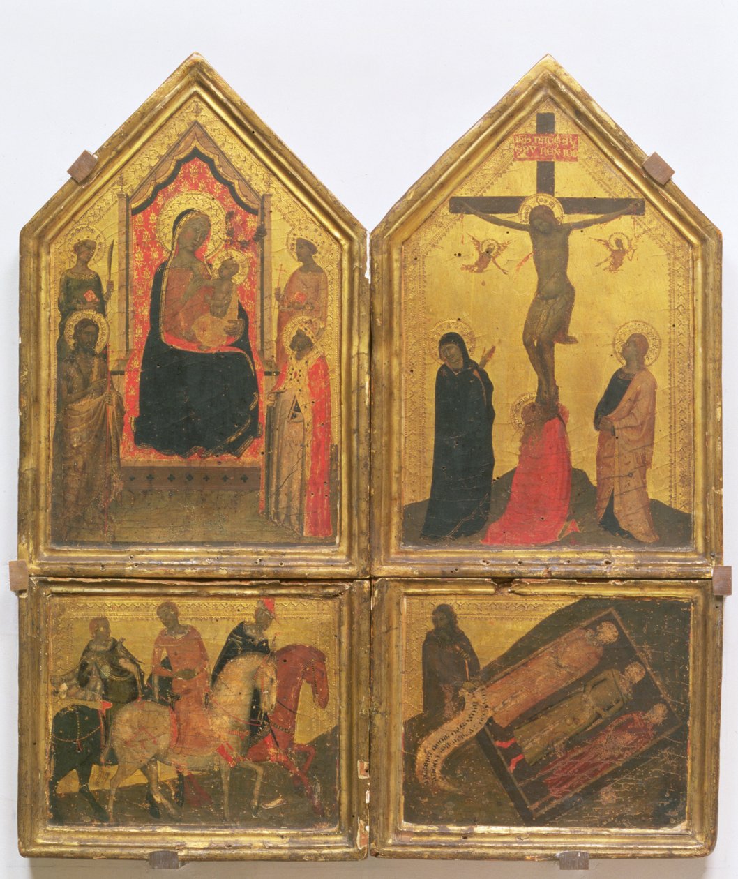Madonna ja lapsi pyhien kanssa, ristiinnaulitseminen ja legenda kolmesta elävästä ja kolmesta kuolleesta (tempera paneelissa) tekijältä Bernardo Daddi