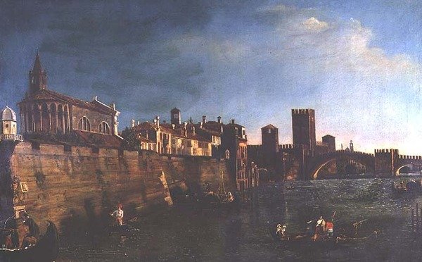 Näkymä Veronaan Castello Vecchion ja Ponte Vecchion kanssa (öljy kankaalle) tekijältä Bernardo (manner of) Bellotto