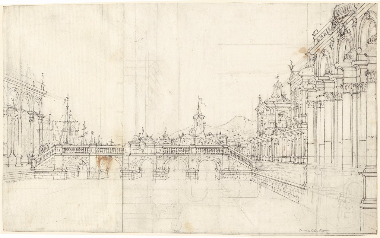 Palatsien capriccio ja loggia klassista siltaa päin tekijältä Bernardo Bellotto