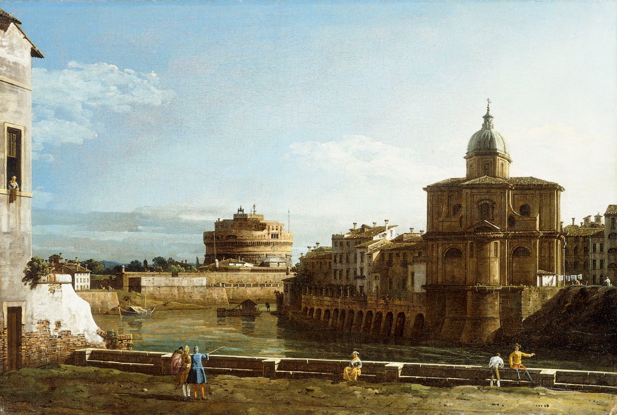 Näkymä Roomaan Tiberin varrella, San Giovanni dei Fiorentinin kirkon takana, tekijältä Bernardo Bellotto