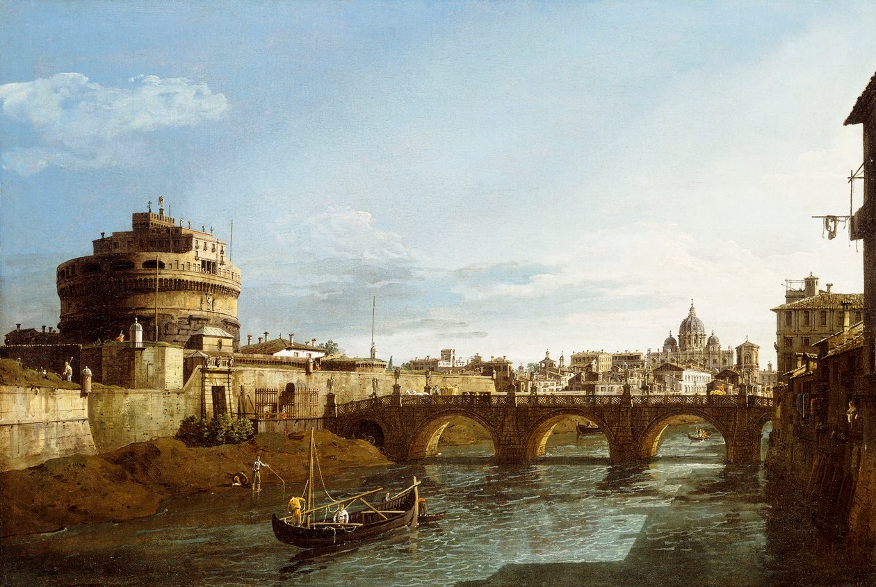 Näkymä Roomaan katsoen länteen, veneitä pitkin Tiberiä ja Castel Saint"Angeloa kaukana, tekijältä Bernardo Bellotto