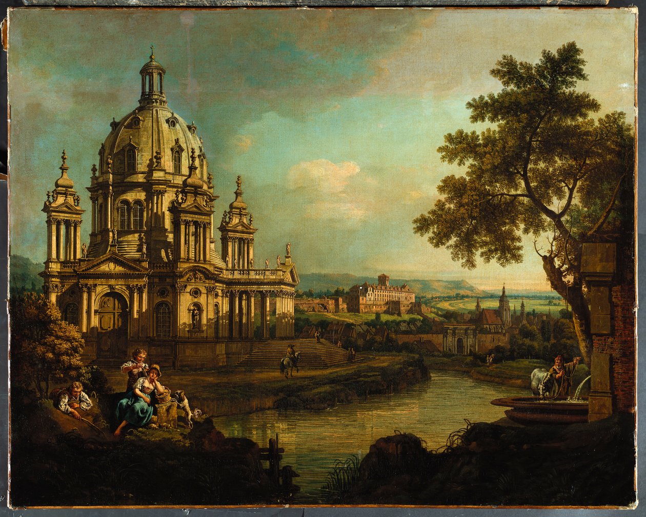 Capriccio kupolikirkon ja rakennusten kera Pirnassa, n. 1765 tekijältä Bernardo Bellotto
