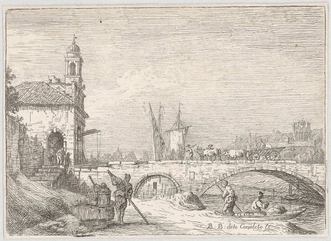 Capriccio, jossa on silta ja porttirakennus Padovan Porta Portellon tyyliin tekijältä Bernardo Bellotto