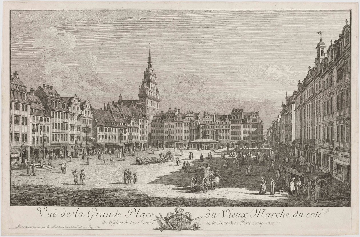 Dresdenin Altmarkt nähtynä Schlossstrasselta, kuva sarjasta ”Dresdner Veduten” tekijältä Bernardo Bellotto