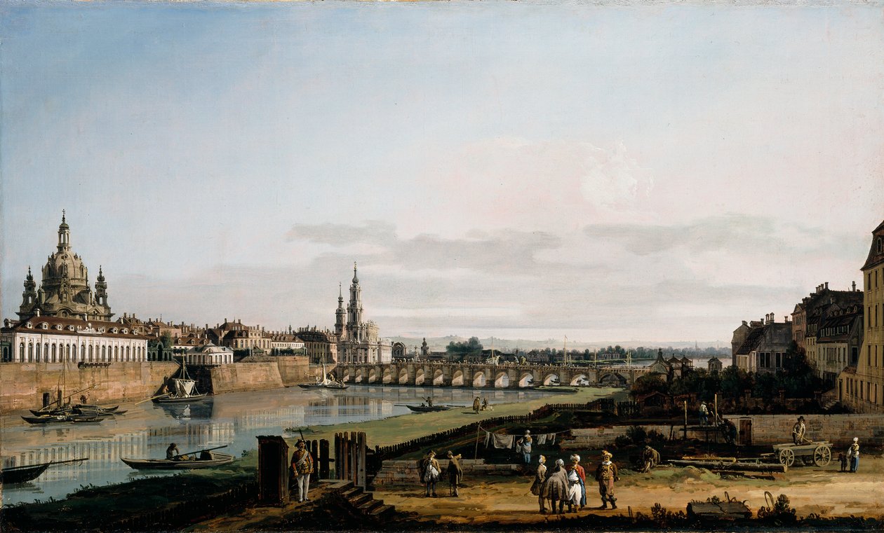 Dresden Elben oikealta rannalta, Augustuksen sillan yläpuolelta. tekijältä Bernardo Bellotto