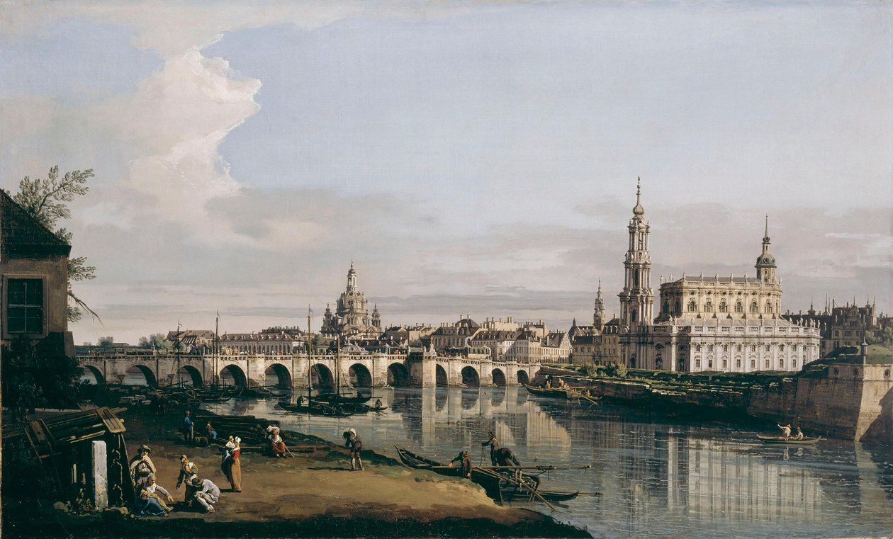 Dresden Elben oikealta rannalta, Augustus-sillan alapuolelta tekijältä Bernardo Bellotto