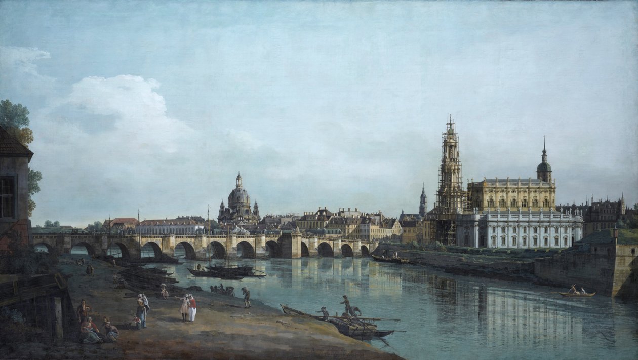 Dresden nähtynä Elben oikealta rannalta, Augusts-sillan alta, 1748 tekijältä Bernardo Bellotto