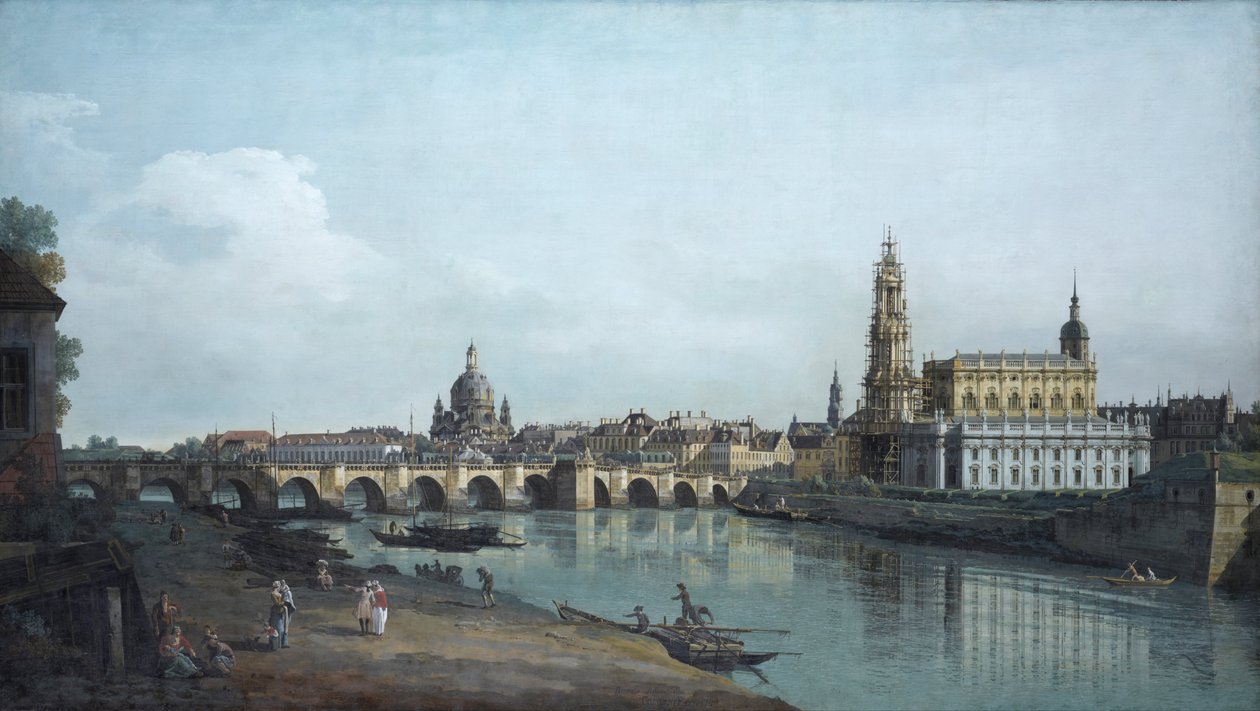 Dresden nähtynä Elben oikealta rannalta Augustus-sillan alapuolelta tekijältä Bernardo Bellotto