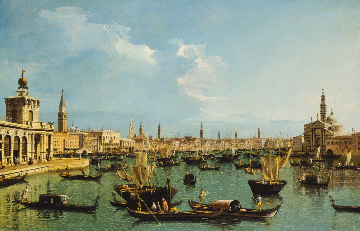 Bacino di San Marco, Venetsia, Giudeccan kanavasta Doganan, Molon, Riva degli Schiavoni, San Giorgio Maggioren kirkon ja lukuisten veneiden kanssa, tekijältä Bernardo Bellotto
