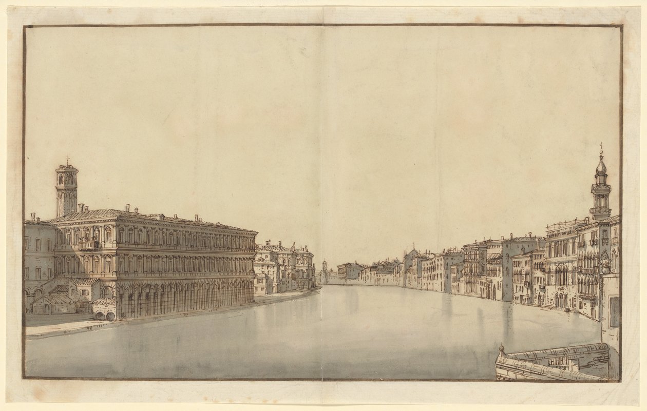 Canal Grande, vasemmalla Fabbriche Nuove ja oikealla Santi Apostolin kellotorni tekijältä Bernardo Bellotto