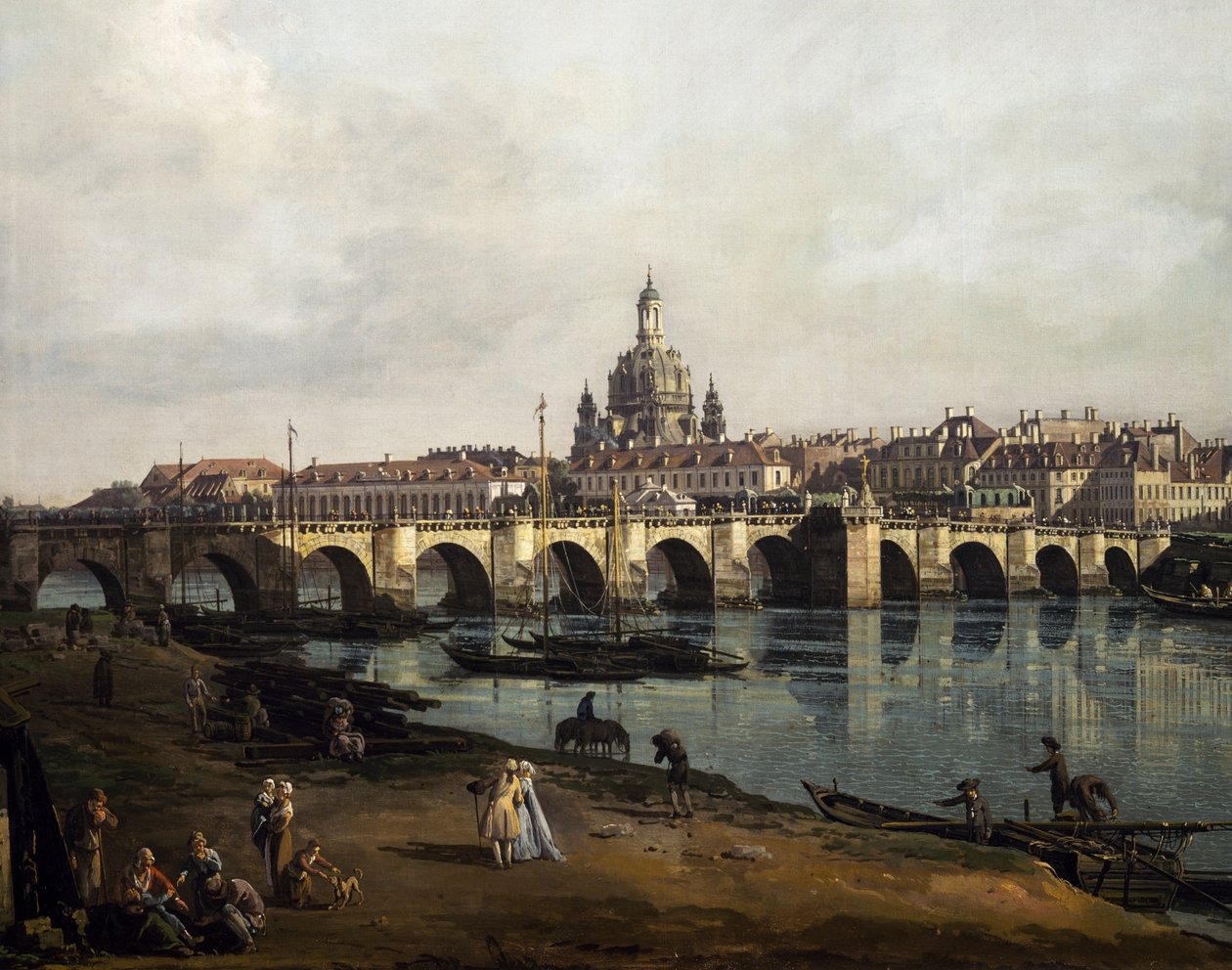 Näkymä Dresdeniin Elben oikealta rannalta Augustuksen sillasta ylävirtaan, n. 1750 (öljy kankaalle) tekijältä Bernardo Bellotto