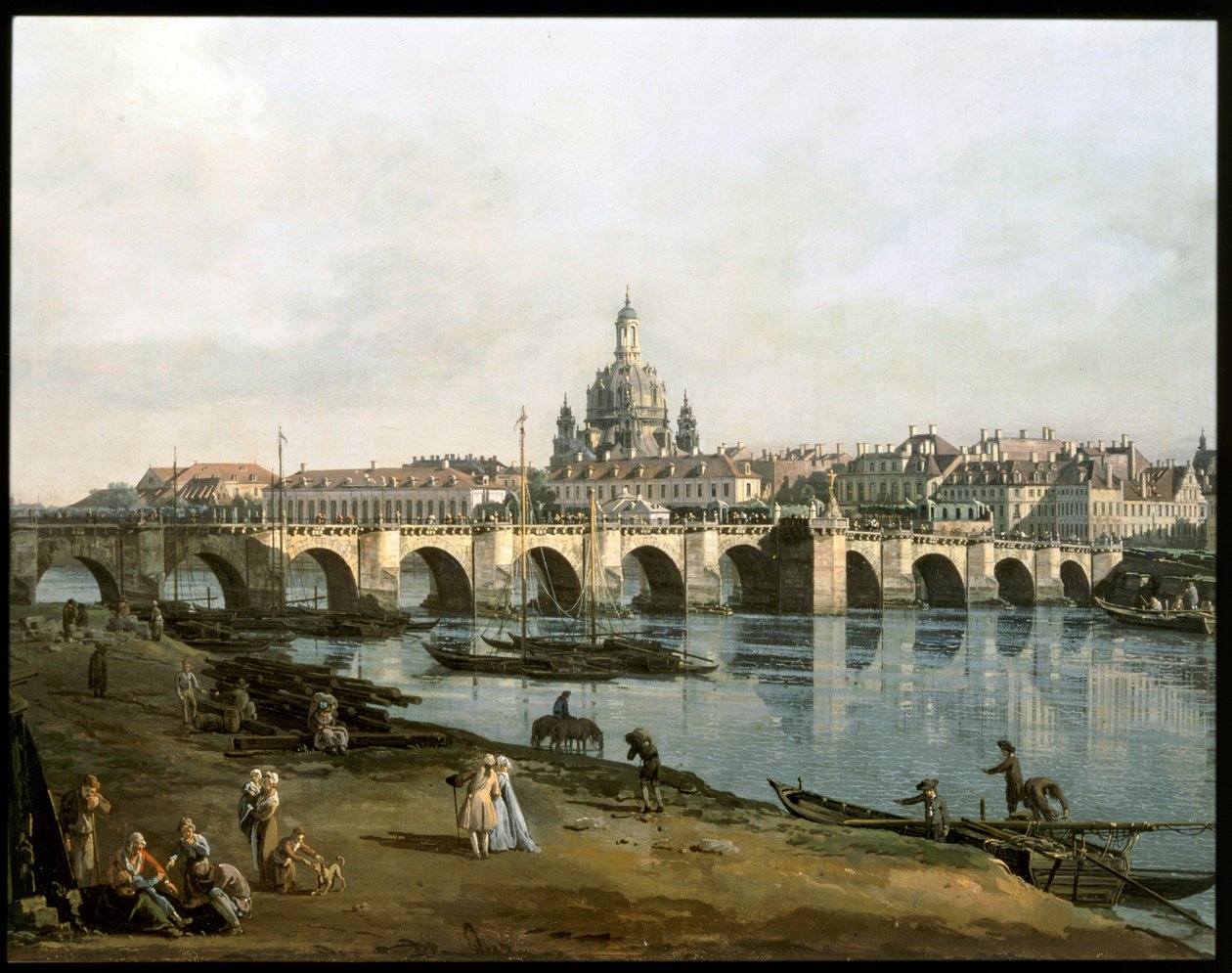 Näkymä Dresdeniin Elbe-joen oikealta puolelta, Augustusbruecken alapuolelta ... (maalaus kankaalle) tekijältä Bernardo Bellotto