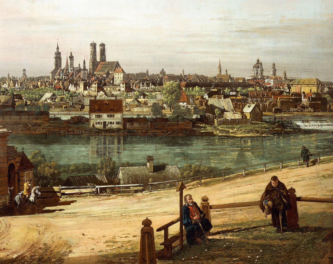 Näkymä Müncheniin Haidhausenista, Isar-joki keskellä, yksityiskohta tekijältä Bernardo Bellotto