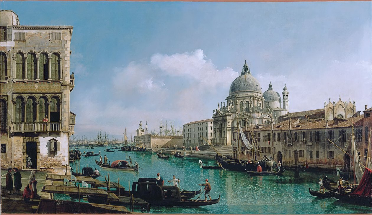 Näkymä Grand Canalille: Santa Maria della Salute ja Dogana Campo Santa Maria Zobenigolta. tekijältä Bernardo Bellotto