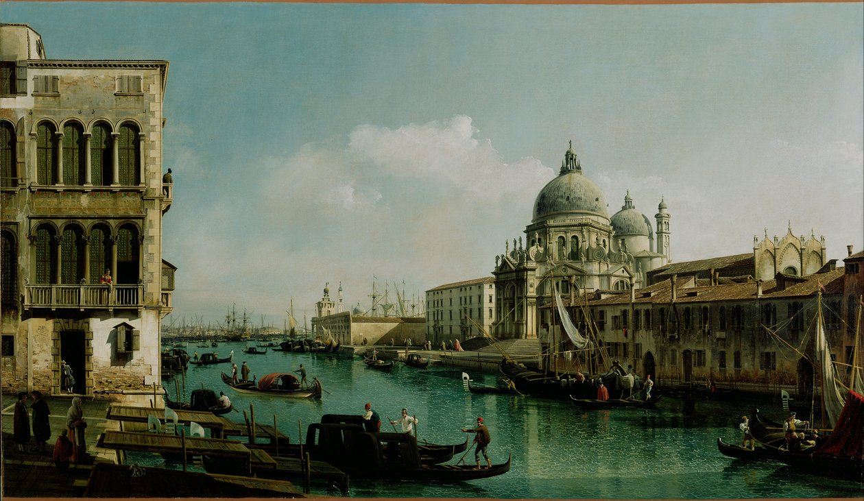 Näkymä Grand Canalille: Santa Maria della Salute ja Dogana Campo Santa Maria Zobenigolta. tekijältä Bernardo Bellotto