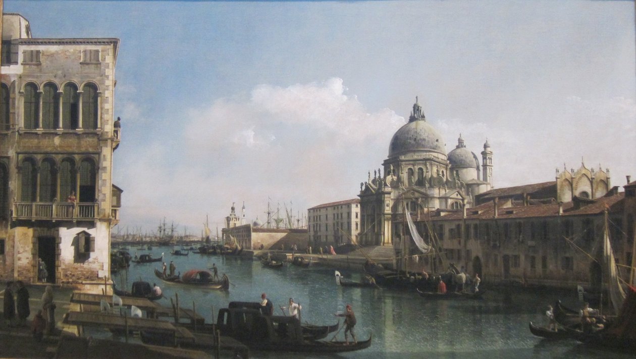 Näkymä Grand Canalille: Santa Maria della Salute ja Dogana Campo Santa Maria Zobenigolta. tekijältä Bernardo Bellotto