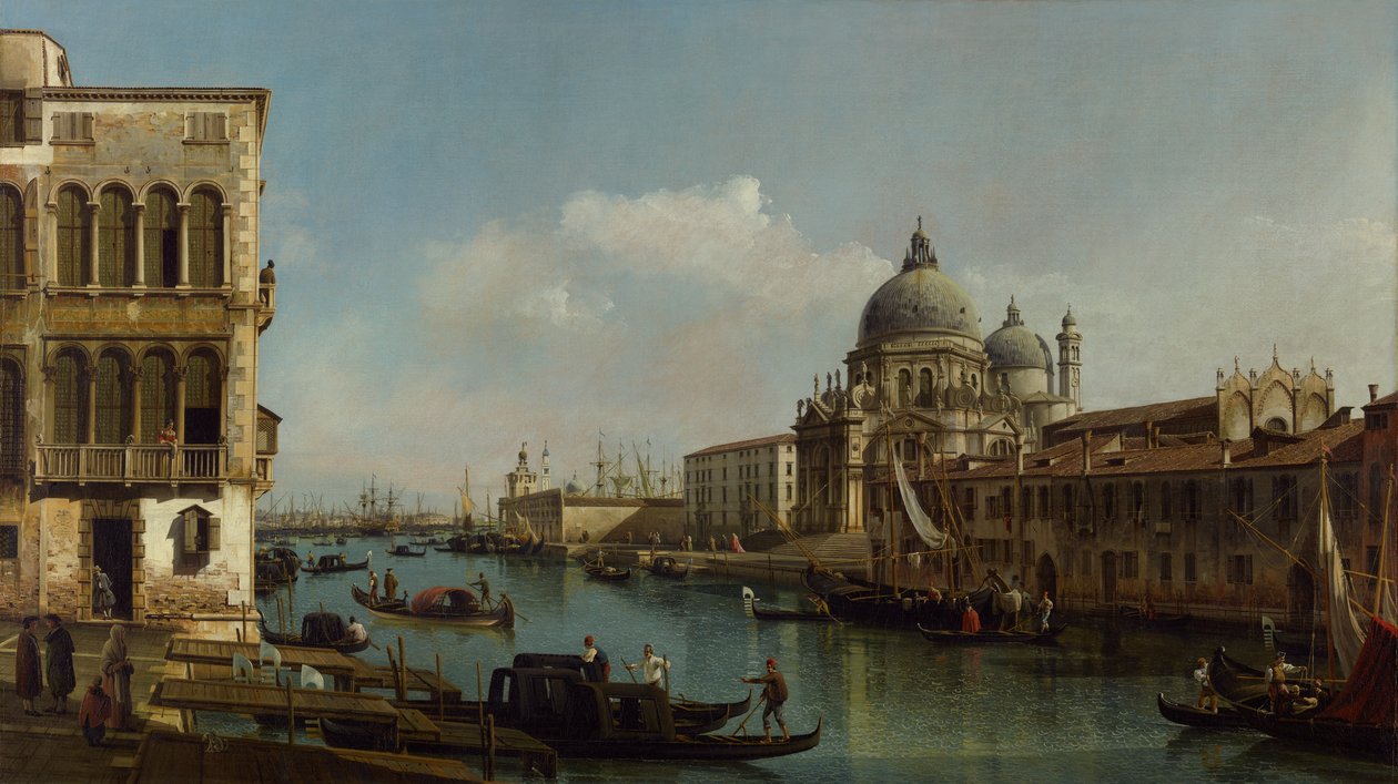 Näkymä Grand Canalille: Santa Maria della Salute ja Dogana Campo Santa Maria Zobenigolta. tekijältä Bernardo Bellotto