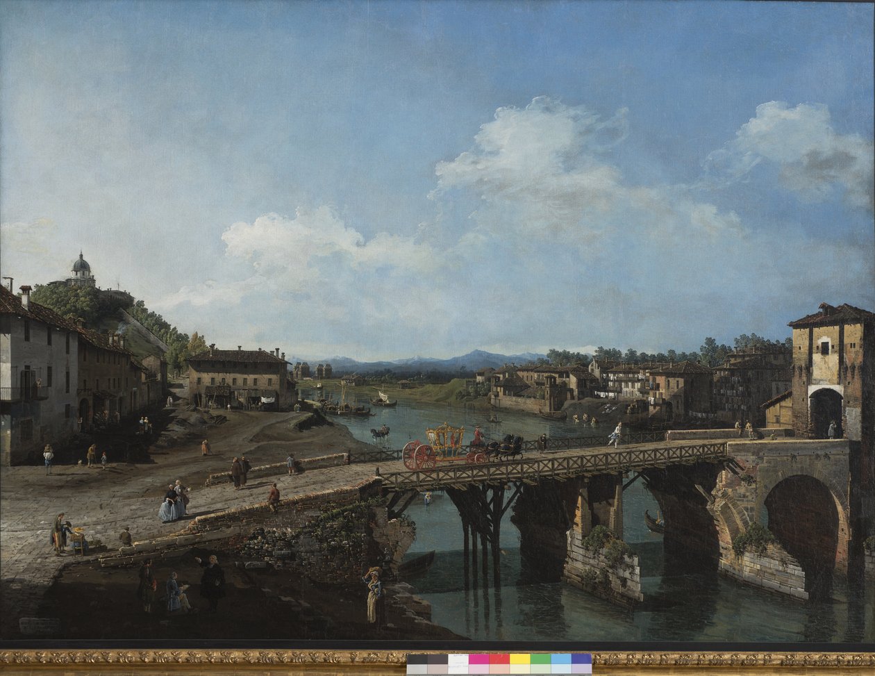 Näkymä muinaiselle sillalle Po-joen yli Torinossa, 1745 tekijältä Bernardo Bellotto