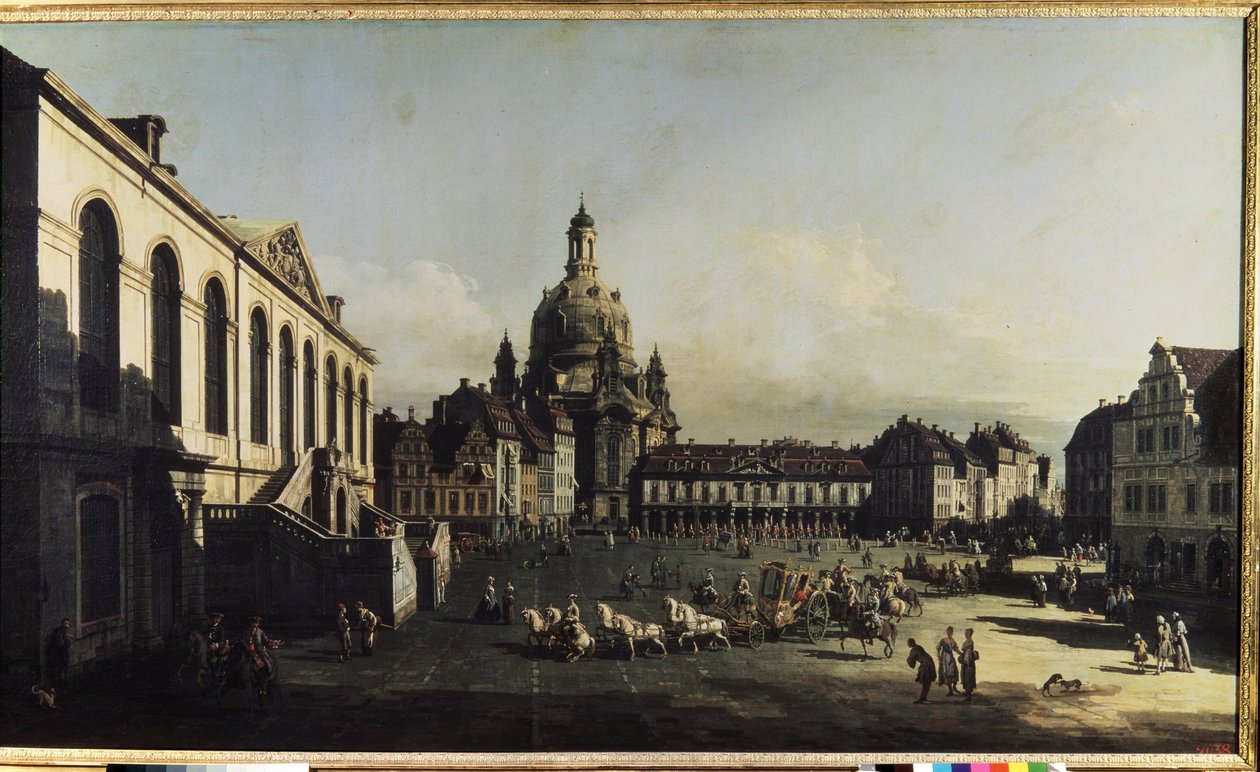 ""Näkymä Dresdenin uudelle kauppatorille"" (Neumarkt Dresdenissä) Näemme Neitsyt Marian (Notre-Dame) kirkon (Frauenkirche) Bernardo Bellotton (1720-1780) maalaus 1747 Koko 134x236 cm Museo "Eremitaasi, Pietari (Pietari) tekijältä Bernardo Bellotto