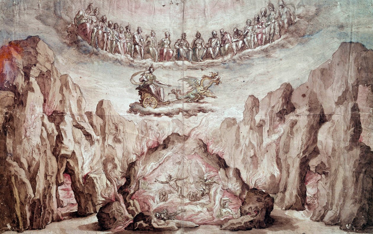 Projekti välivaiheen, Le Tromphe de Circen, sisustukseen ja koneistoon. Piirustus Bernardo Buontalenti dit delle Girandole (n. 1523-1608) Su. 0,46x0,72 m. Pariisi, Louvre-museo tekijältä Bernardo Buontalenti