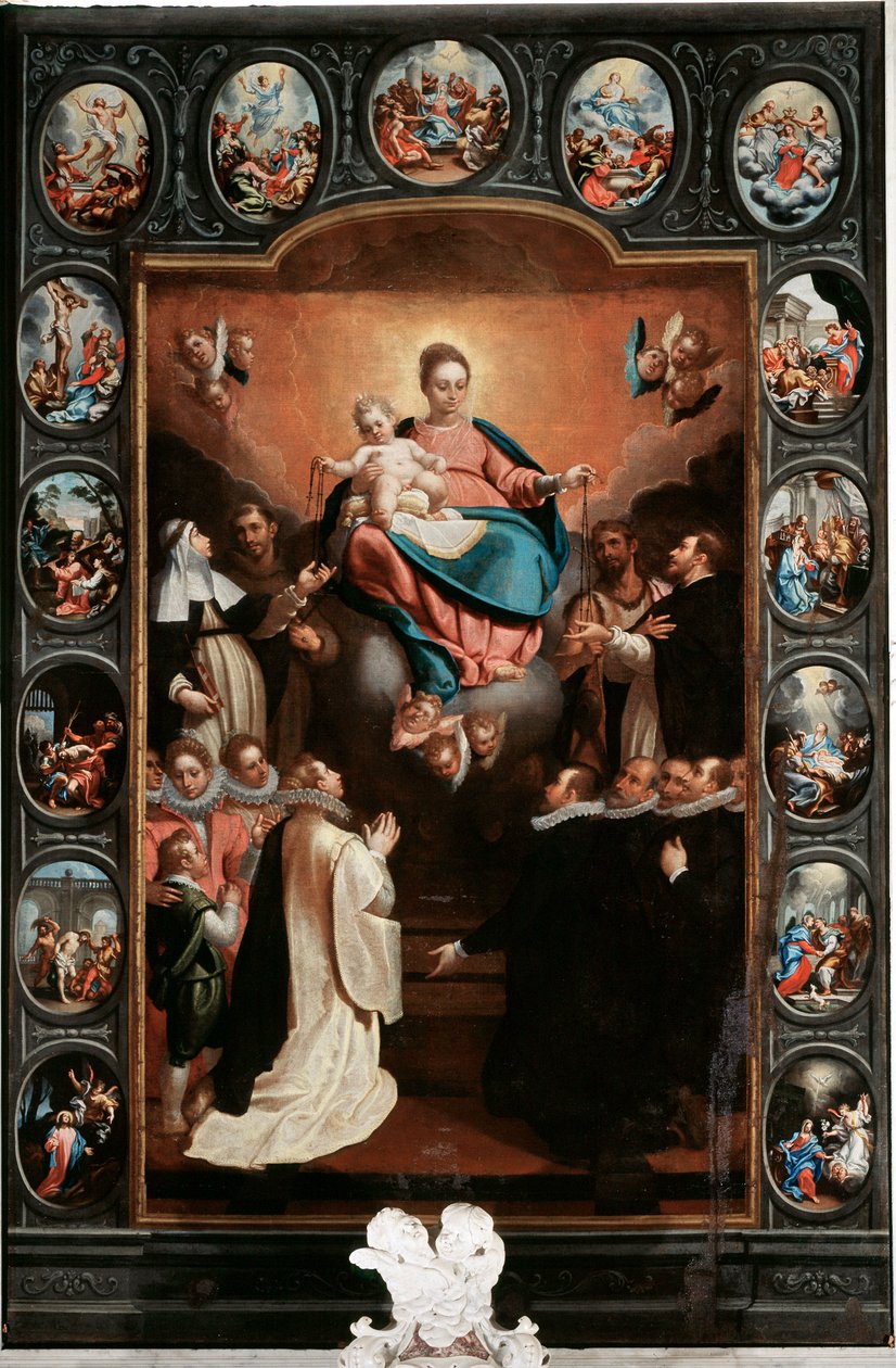 Neitsyt lapsen kanssa ja rukouksen mysteerit - Bernardo Castellon (1557-1629) (keskellä) ja Paolo Gerolamo Piolan (1666-1724) maalaus Santa Margherita Ligure, Santa Margheritan kirkko Italia tekijältä Bernardo Castello