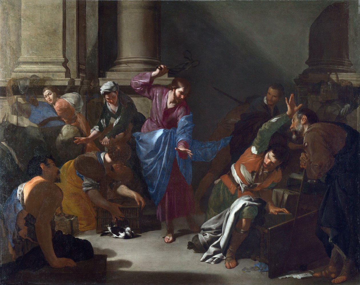 ""Le christ chassant les marchands du temple"" (Kristus ajoi kauppiaita temppelistä) Peinture de Bernardo Cavallino (1616-1656) vers 1645 Dim 101x127,6 cm National Gallery, London tekijältä Bernardo Cavallino