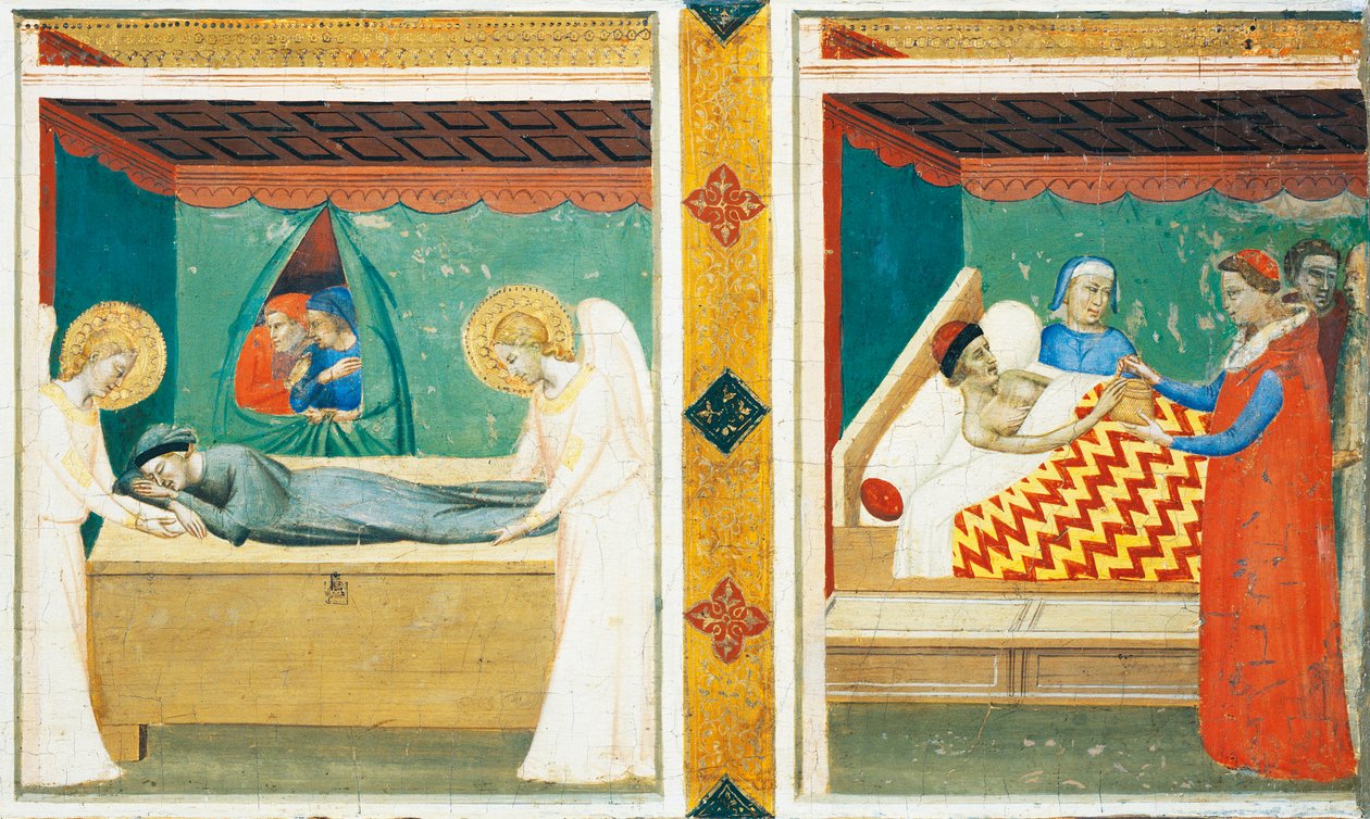 Predella of the Sacra Cintola (pyhä vyö), Bernardo Daddi (1290-1348), Yksityiskohta kahdella laatalla tekijältä Bernardo Daddi