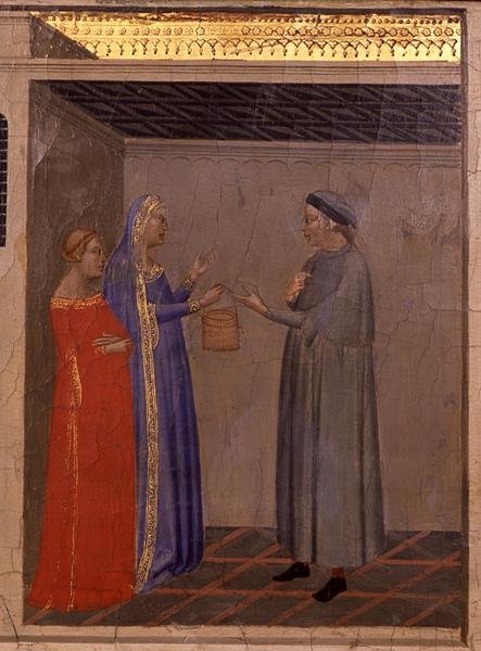 Predella-paneeli, joka esittää kohtauksen pyhän vyön legendasta (yksityiskohta) (tempera paneelissa) tekijältä Bernardo Daddi