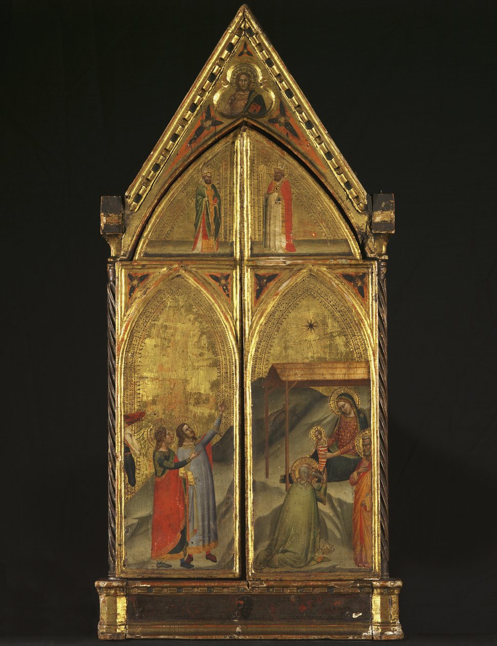 Triptyykki - Neitsyt ja lapsi pyhien valtaistuimella, 1338 tekijältä Bernardo Daddi