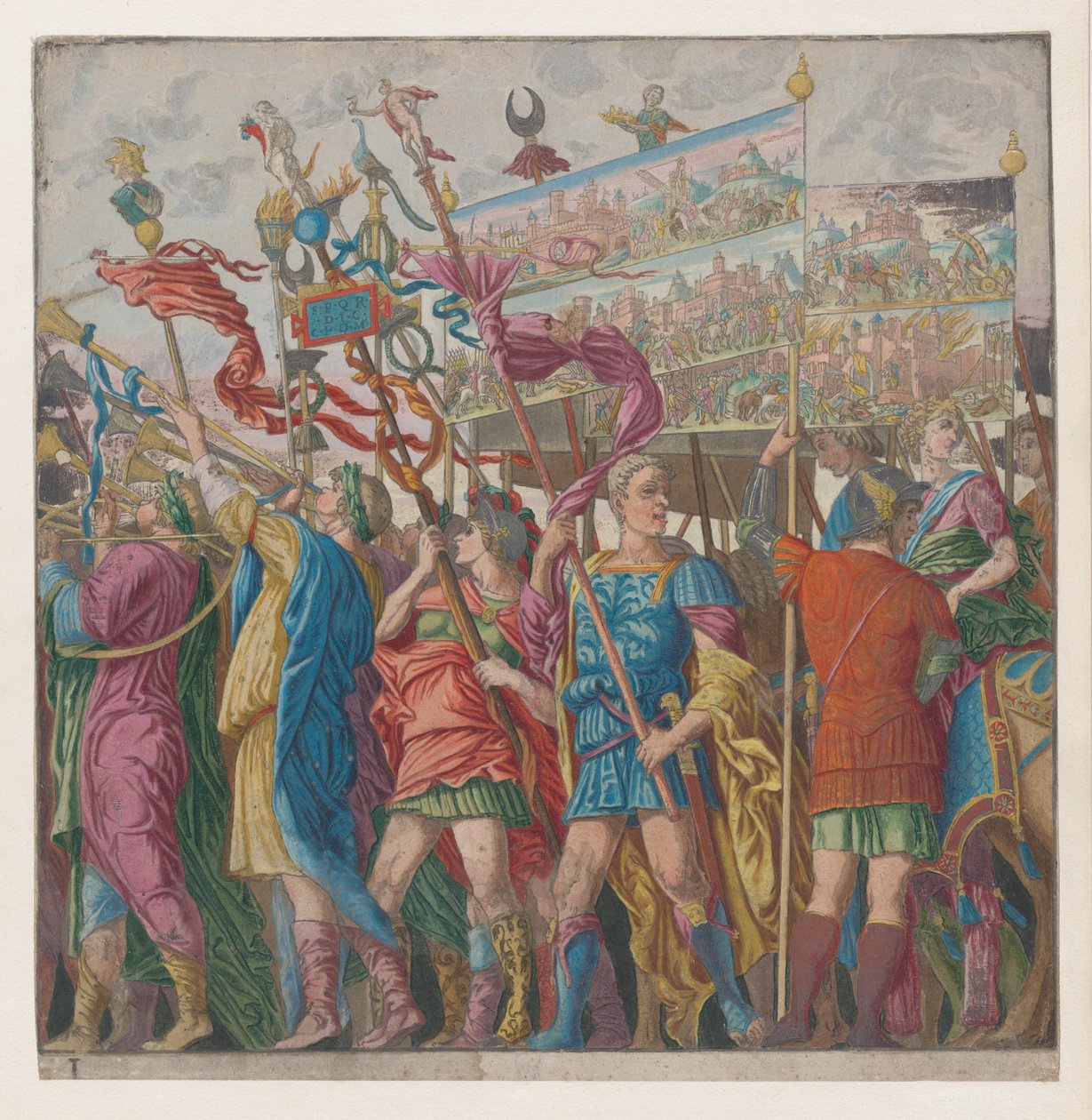 Arkki 1: Sotilaat, jotka kantavat Julius Caesarin voittoisaa sotilastyötä kuvaavia lippuja,..., 1599. tekijältä Bernardo Malpizzi
