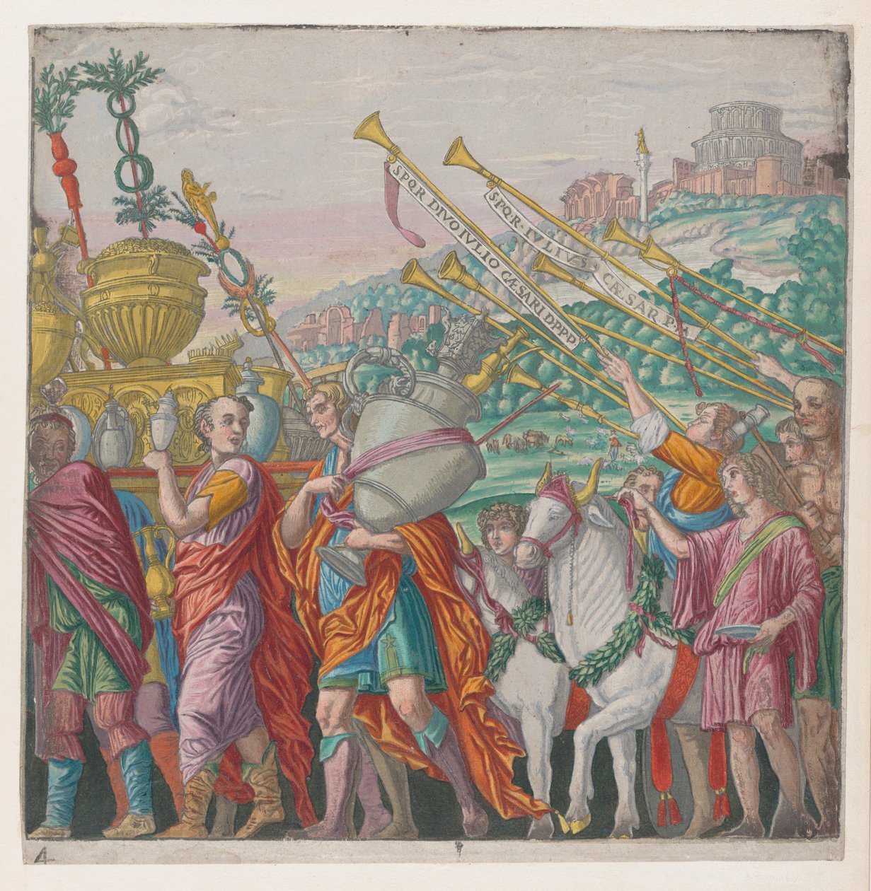 Arkki 4: Miehet kantamassa palkintoja vasemmalla, trumpetistit oikealla, Julius Ca...n voitosta, 1599. tekijältä Bernardo Malpizzi