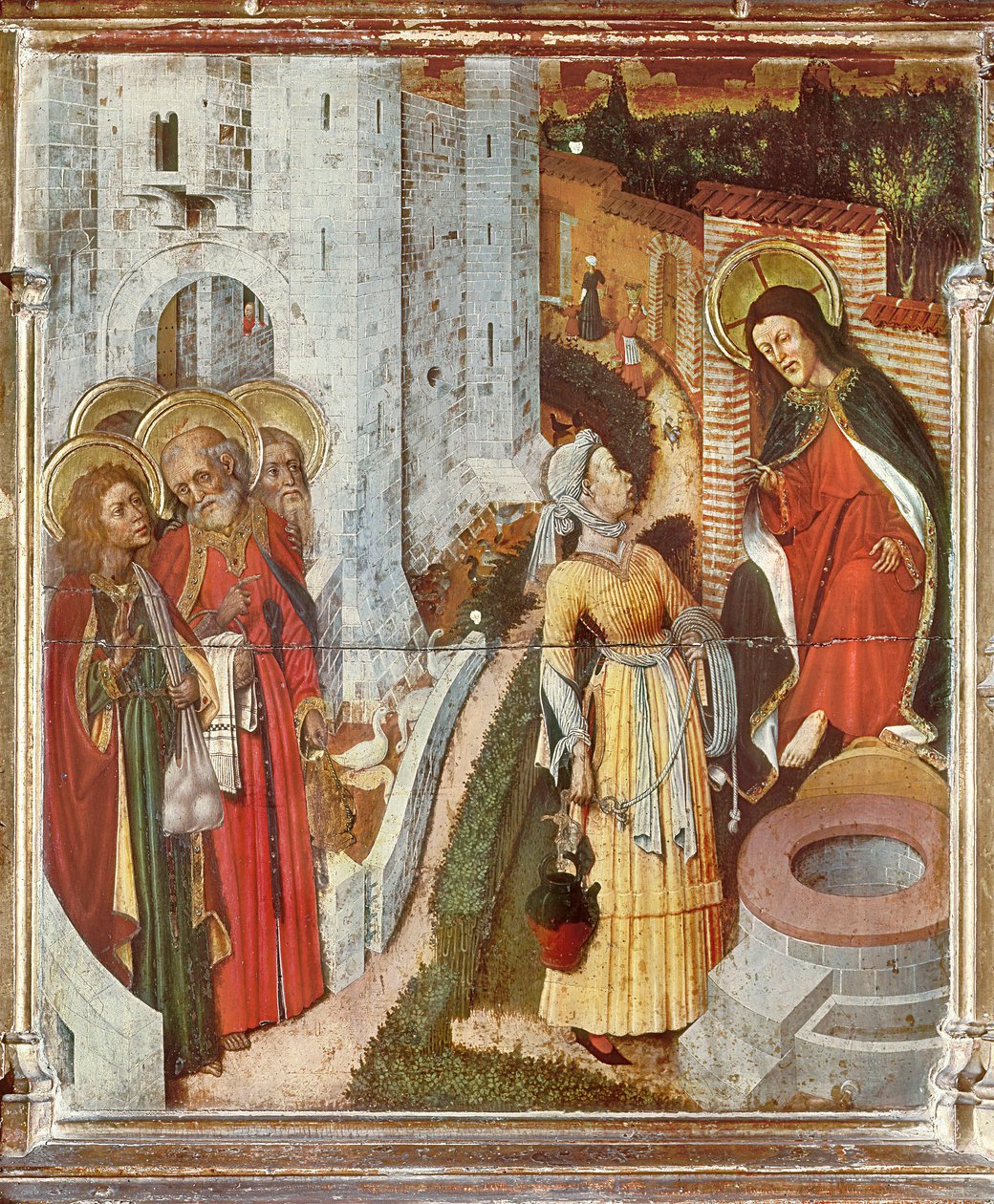 Jeesus ja samarialainen nainen, yksityiskohta kirkastumisalttarista, noin 1445 (maalaus puulle) tekijältä Bernardo Martorell